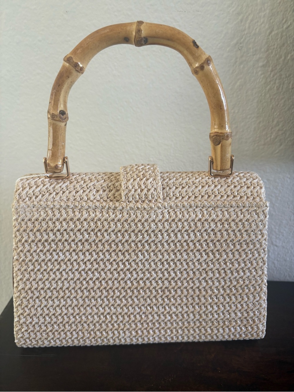 Tommy Bahama Cream Woven Mini Bag with Bamboo Handle and Gold Accent - Picture 3 of 5
